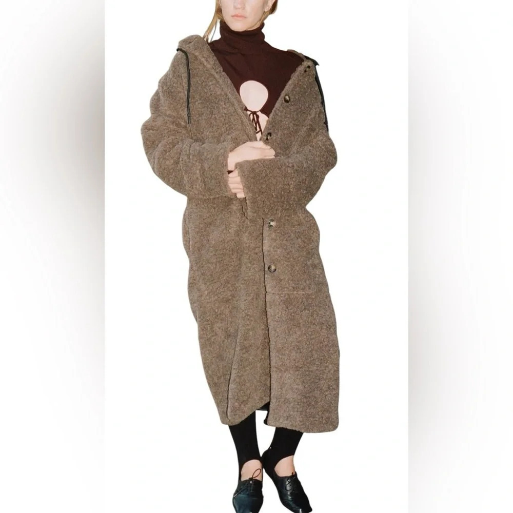 Thakoon Brown Hooded Shearling Coat Long Teddy Jacket Size M NWT